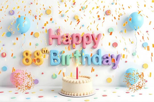 Animated 3D Happy 88th Birthday background video in pastel theme with floating balloons, lit candles, fireworks, and confetti shower