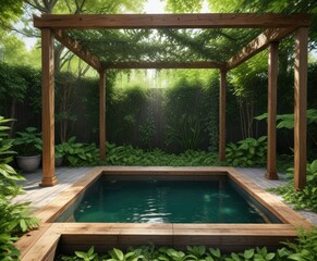 Wooden cold plunge pool with a canopy of green leaves in the background , shady, leaves, foliage, canopy