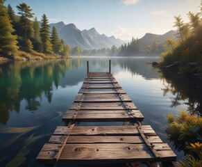 Fototapeta premium Wooden ladder on a weathered dock in a serene lake environment , sun, natural