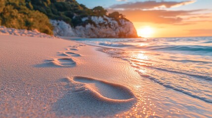 Sunset beach footprints, waves washing ashore, cliff background; travel, vacation imagery