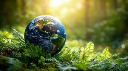 Crystal globe placed on ferns in a lush forest with sunlight streaming through. Symbolizes earth conservation, ecological efforts, and environmental responsibility on Earth Day.