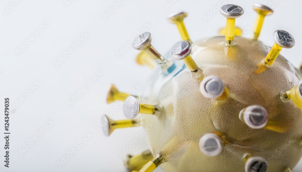 Poster a close-up of a virus model with yellow spikes. the model is in focus, while the background is blurr