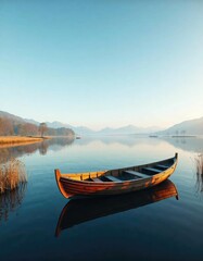 Fototapeta premium Wooden vessel on tranquil lake with calm surroundings , water's surface, quiet moment, lake life