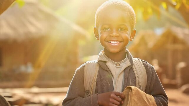 Black African happy child goes to school to gain knowledge and study. Poverty, third world countries. Concept - history theme, sketch, culture, education.