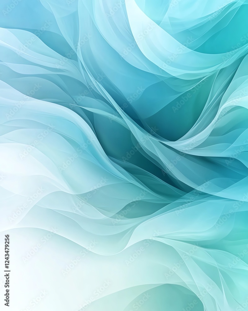 Poster an abstract image featuring soft, flowing waves in gradient shades of blue and teal, creating a calm