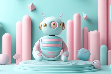 A cute, pastel-colored robot character stands against a vibrant backdrop of geometric shapes and soft curves, embodying a playful and futuristic design.