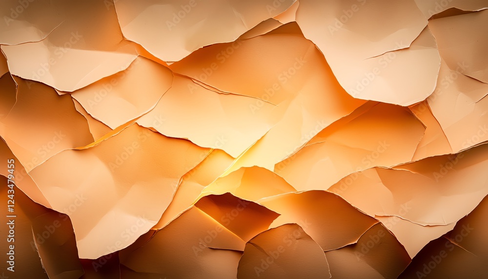 Poster an abstract image showcasing intricately crumpled paper in warm tones, creating a visually striking 