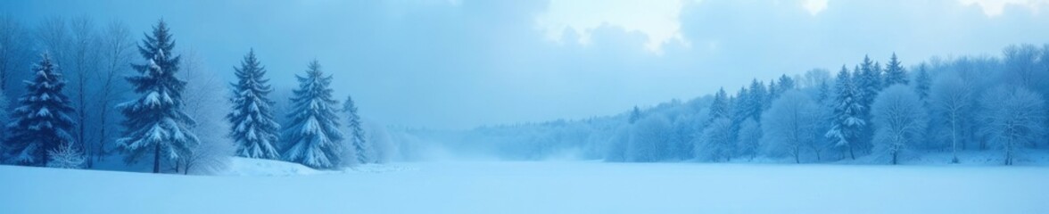Fototapeta premium Frosty blue mist floats above snow-covered trees, bluish hue, snowy woods, frosted landscape