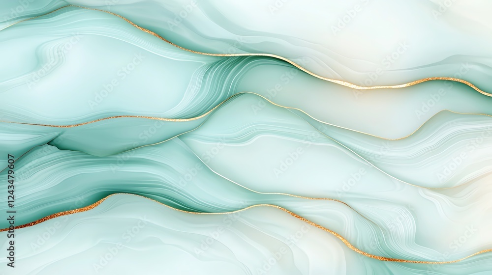 Poster an abstract representation featuring flowing waves of soft mint green and cream colors with delicate