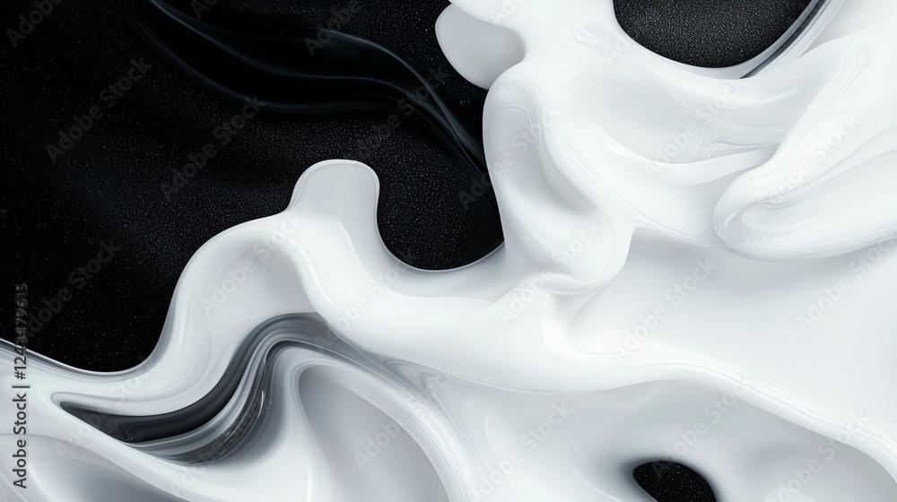 Poster an abstract representation of black and white fluid textures, showcasing smooth, flowing patterns th