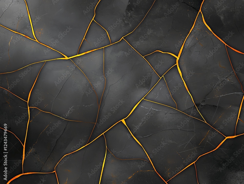 Poster an abstract representation of dark textured surfaces with striking yellow and orange lines creating 