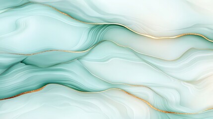 An abstract representation featuring flowing waves of soft mint green and cream colors with delicate golden accents, perfect for backgrounds or artistic designs.