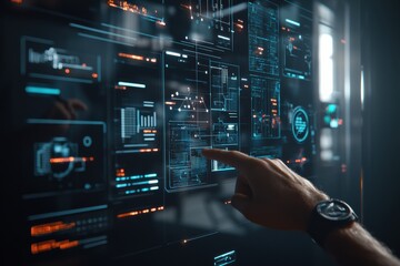modern business and technology theme. Blurred background with people. A sleek, simple and sleek holograms emerge, showcasing technology icons and networking
