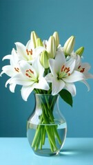 Obraz premium Mono bouquet of white lilies in transparent vase on blue background, card template