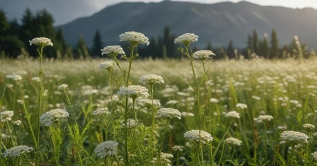 Obraz premium Tall grassy stems of Achillea collina growing in a field, botanicals, field wildflowers