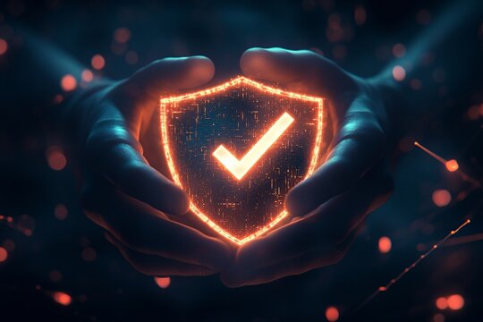 Hands hold a luminous digital shield that symbolizes security, surrounded by abstract glowing particles. The atmosphere is high-tech and protective.