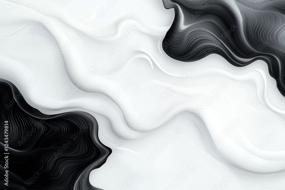 Poster an abstract representation of flowing lines and shapes in black and white. the smooth curves create 