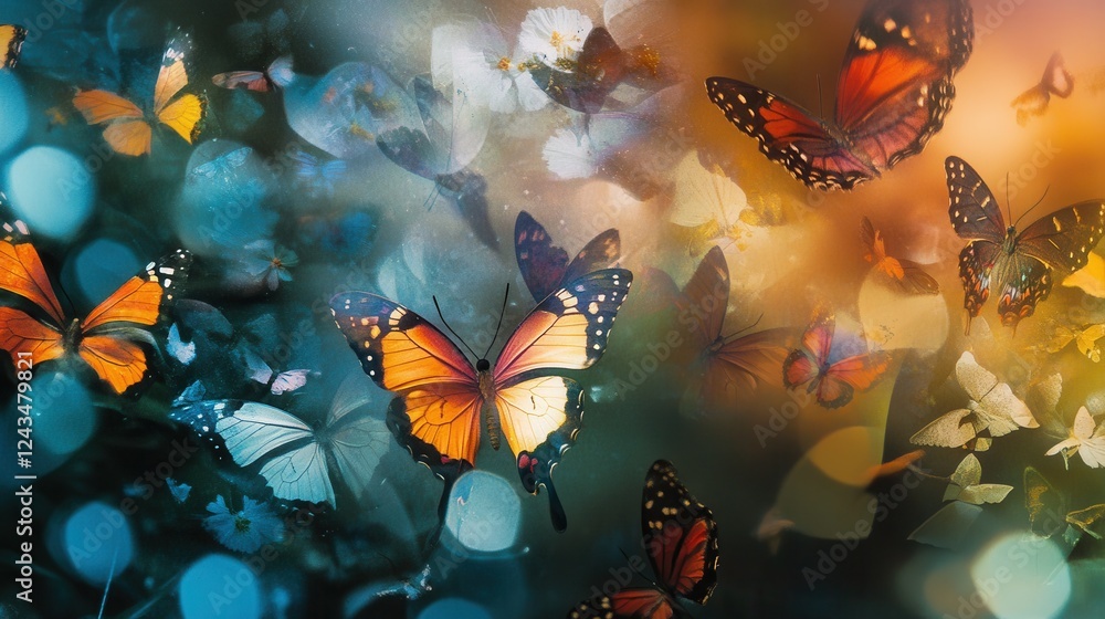Poster colorful butterflies create a mesmerizing double exposure in a vibrant floral setting during springt