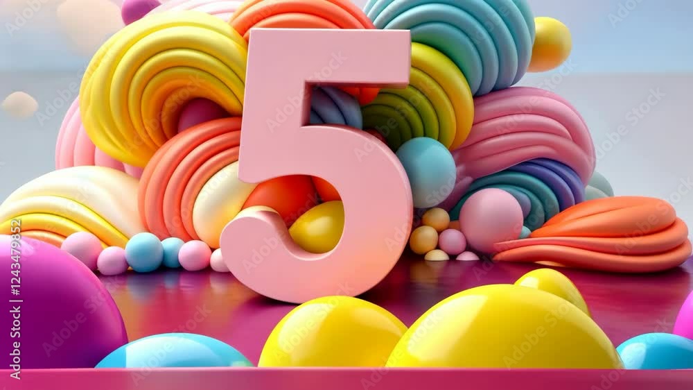 Aufkleber colorful number animation showcases the number five with playful swirls and soft shapes, perfect for