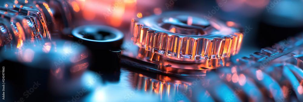 Poster close-up of illuminated gears and mechanical components
