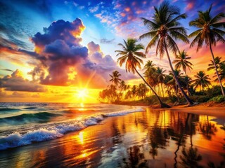 HDR Beach Double Exposure: Sunlit Waves & Tropical Palms