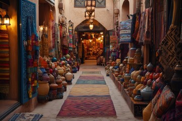 Traditional arabic souk or market displaying colorful rugs and pottery