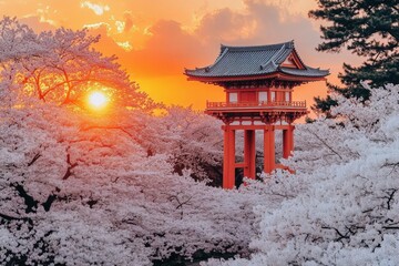 Japanese Temple Amidst Cherry Blossoms at Sunset