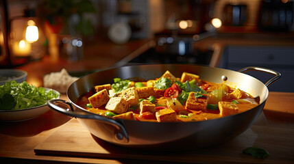 Warm and inviting tofu and vegetable curry in rustic kitchen setting