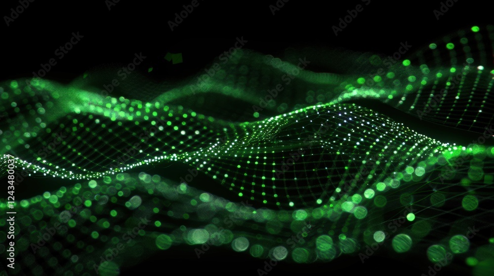 Poster a mesmerizing green wave pattern made of luminous dots, creating a sense of depth and motion against