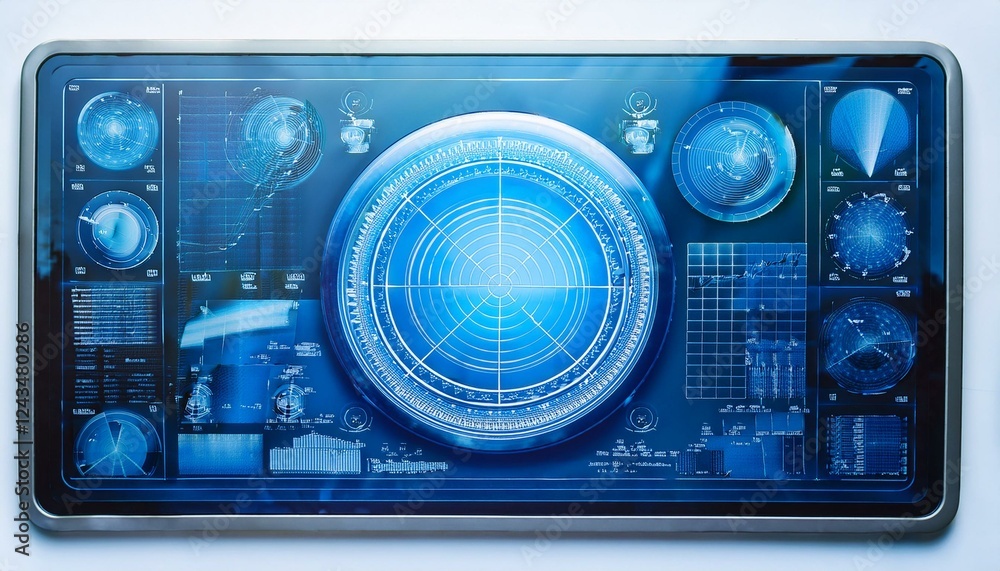 Poster futuristic interface showing various data and information displayed on a screen, creating a sense of