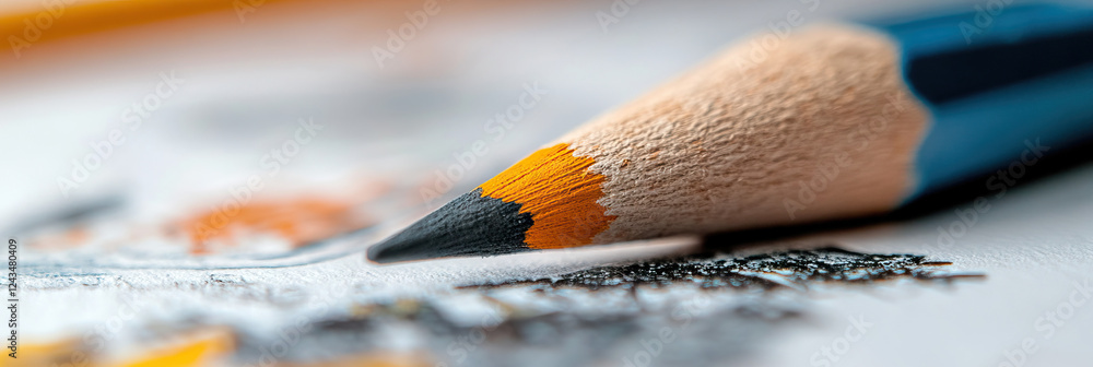 Poster close-up of sharpened colored pencil on paper with graphite