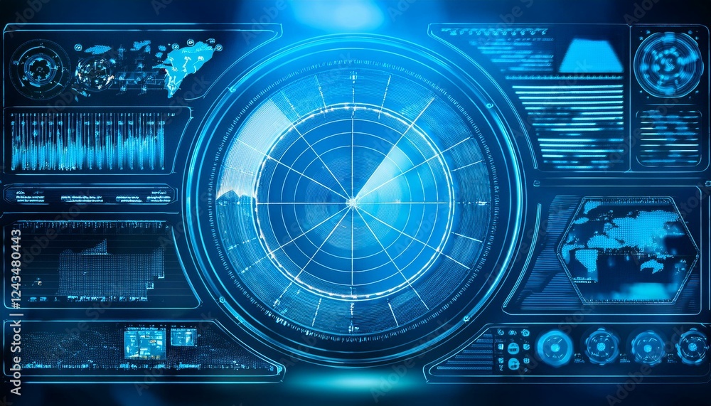 Poster futuristic radar screen with detailed graphic display. the screen is filled with data and graphs. th