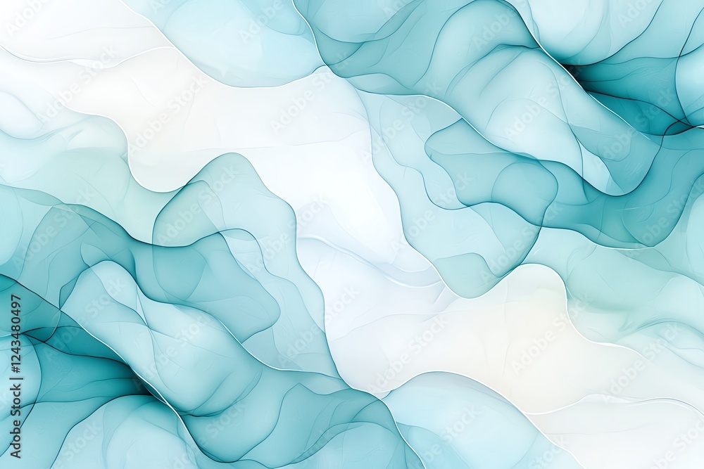 Poster an abstract wave pattern featuring soft pastel hues of teal and white, creating a calm and tranquil 
