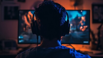A man is sitting in front of a computer monitor with headphones on. The room is dimly lit, and the man is focused on the screen. Concept of concentration and immersion in the video game being played