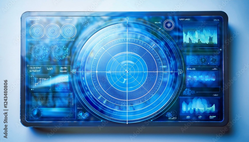 Poster futuristic digital interface with radar screen and data visualization. blue tones dominate, creating