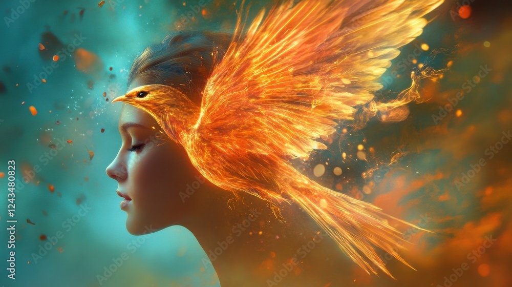 Poster mystical woman profile with phoenix elements in fiery colors and ethereal background at twilight hou