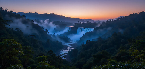 A stunning night view of Shillong, where Elephant Falls cascades gently under soft twilight. The surrounding forest is bathed in a mystical blue glow, enhancing the natural beauty of the scene.