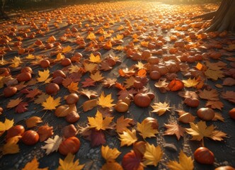 Obraz premium The golden glow of sunset casting light on fallen maple leaves and pumpkins in the yard, pumpkin, sun, warm