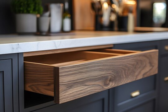 Open wooden drawer in stylish modern kitchen showing exquisite craftsmanship