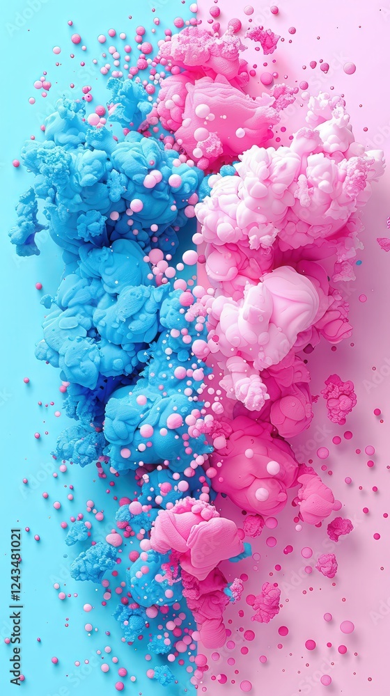 Poster a vibrant explosion of blue and pink clouds mixes playfully against a light background, creating a d
