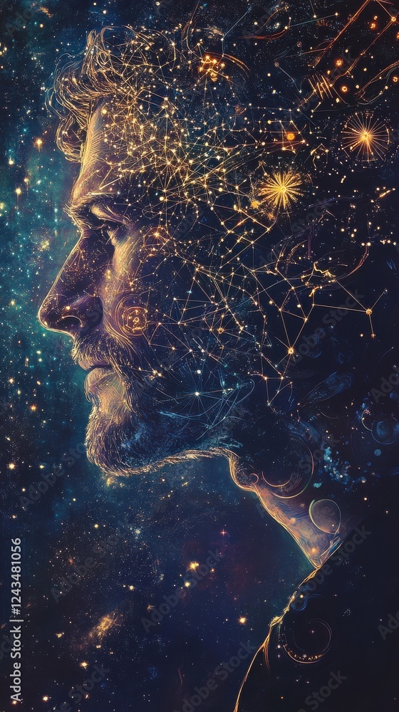 Poster mystical profile of a man with cosmic elements and celestial patterns in a night sky setting
