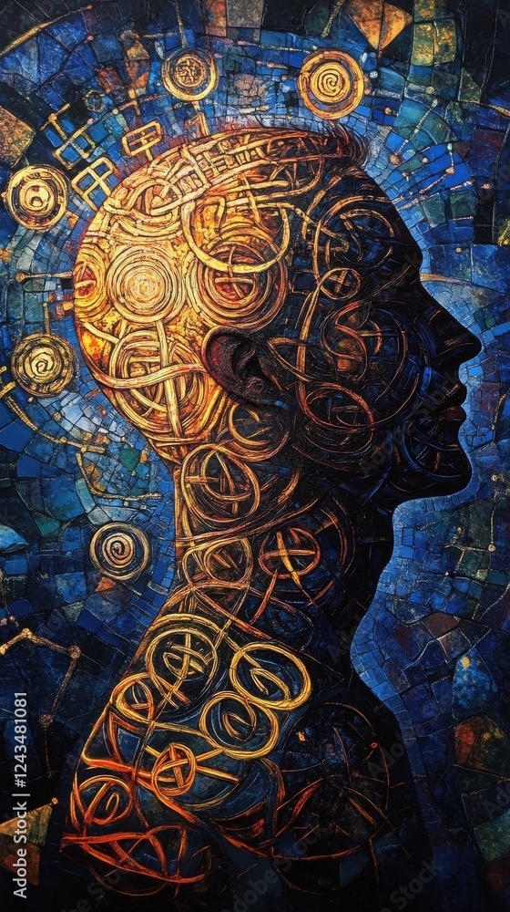 Poster mystical profile of a man filled with intricate patterns and colors, capturing the essence of creati