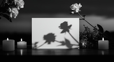 Minimalistic Layout Template with Flowers and Candles memorial Day, mourning