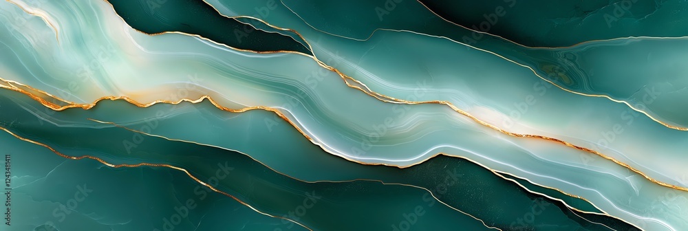 Poster an elegant, abstract background featuring flowing patterns in shades of teal and gold, creating a se