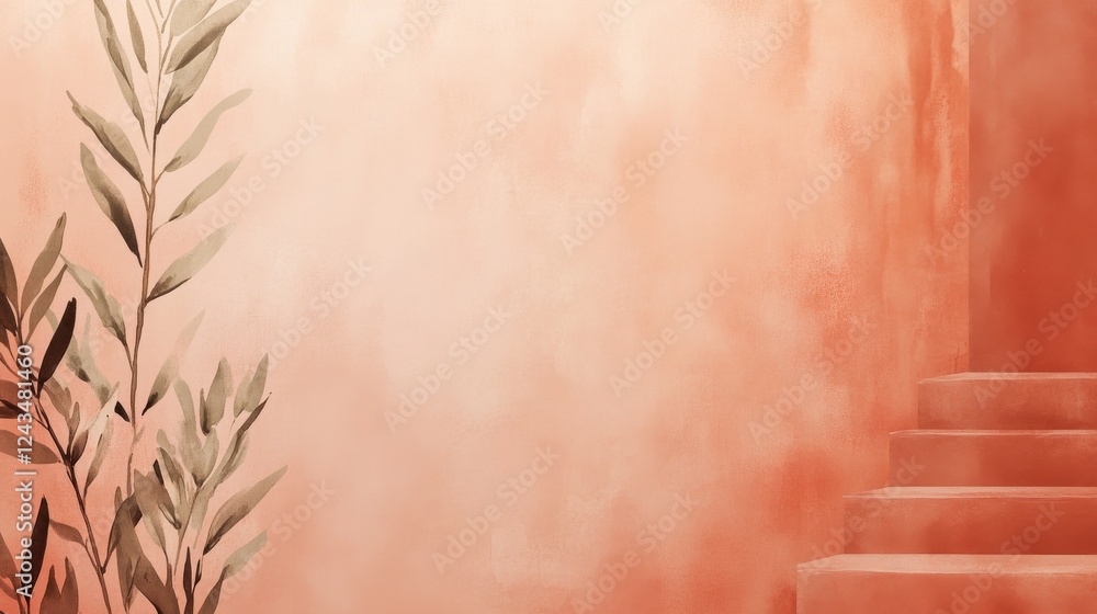 Poster warm terracotta background with leaves and steps creating a serene atmosphere for relaxation or crea