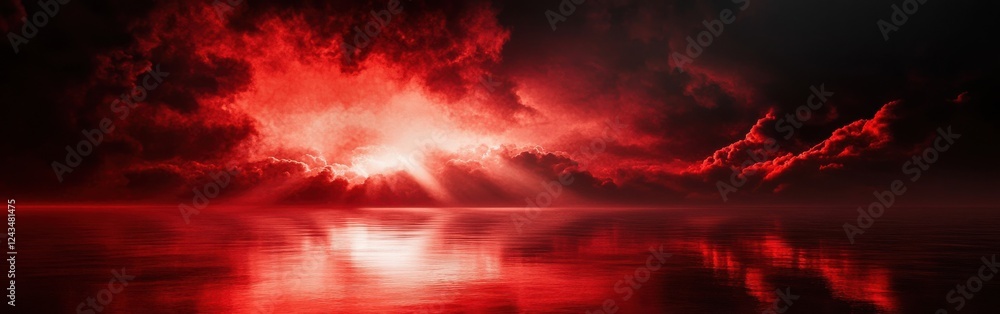 Poster dark red and black space illuminated by crimson light creates an intense atmosphere reflecting off s