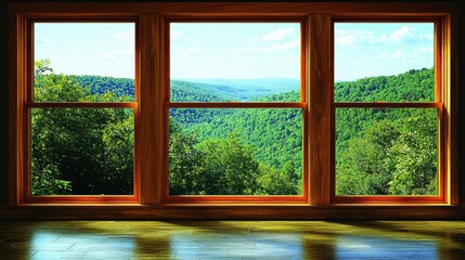 Fototapeta premium 3D rendering of a modern living room with a stunning nature view through large windows, showcasing a room decorated with wooden elements. The room seamlessly blends with the surrounding forest.