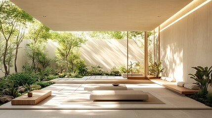 Fototapeta premium Lush Modern Garden Featuring Expansive Stone Bench Surrounded by Vibrant Greenery and Colorful Flowerbeds Creating a Tranquil Outdoor Space for Relaxation and Enjoyment of Nature