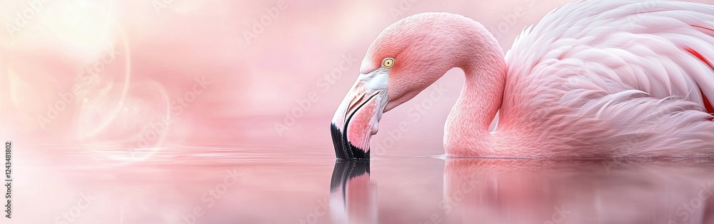 Poster close-up view of a flamingo's face against a soft pink background reflecting in still water