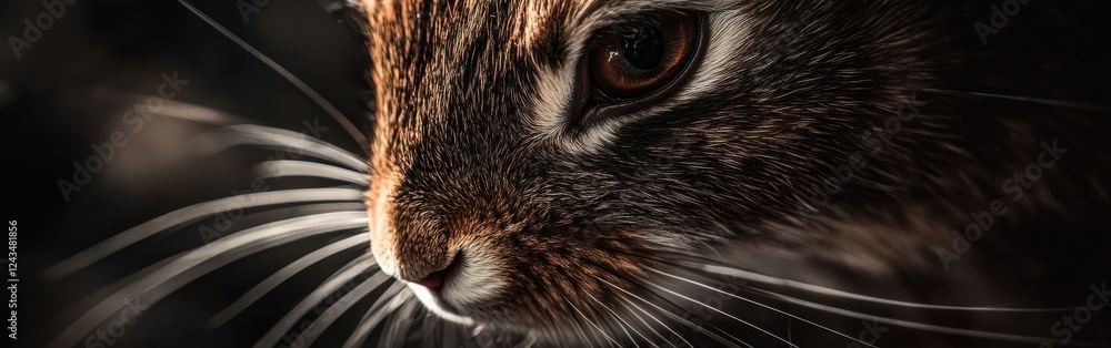 Aufkleber close-up view captures the detailed features of a rabbit's face showcasing its whiskers and expressi